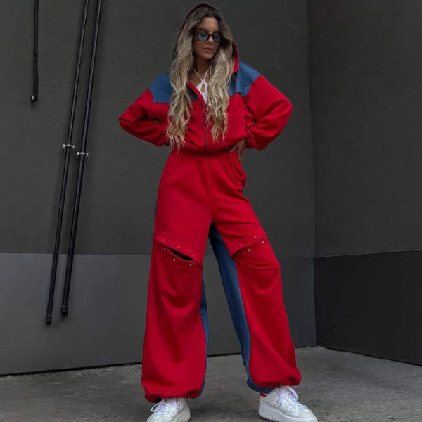 Women's Set Lounge Dress – Cropped Hoodie with Zipper – Wide Cotton Pants