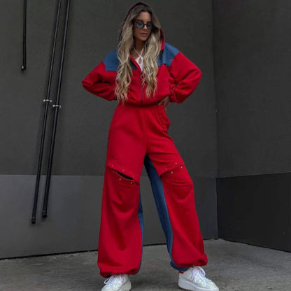 Women's Set Lounge Dress – Cropped Hoodie with Zipper – Wide Cotton Pants