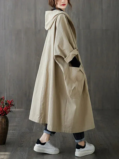 Women's Trench Coat – Waterproof Fabric – Oversized Fit – Hood and Side Pockets