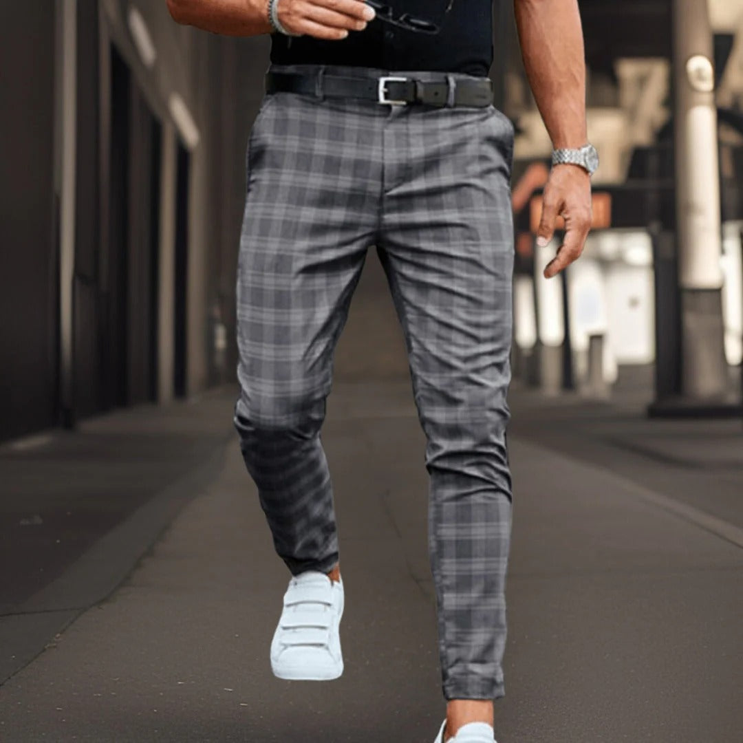 Men's Trousers Chinos – Slim Fit – Cotton Blend – Check Pattern – Full Length – Smart Casual