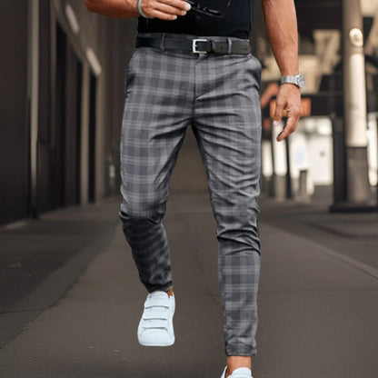 Men's Trousers Chinos – Slim Fit – Cotton Blend – Check Pattern – Full Length – Smart Casual