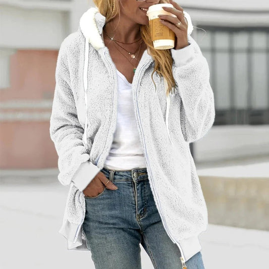 Women's Hoodie – Teddy Fleece – Oversized Fit – Zipper – Ribbed Cuffs