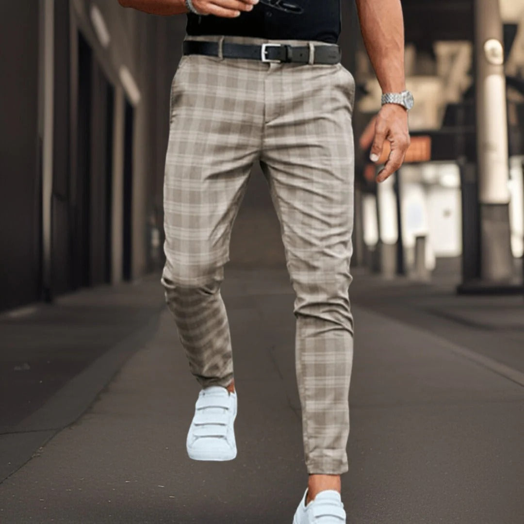 Men's Trousers Chinos – Slim Fit – Cotton Blend – Check Pattern – Full Length – Smart Casual