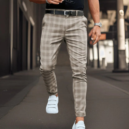 Men's Trousers Chinos – Slim Fit – Cotton Blend – Check Pattern – Full Length – Smart Casual