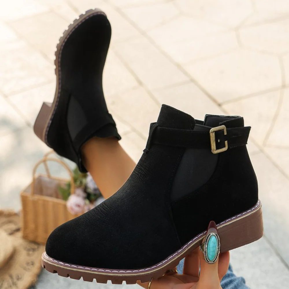 Women's Ankle Boots – Suede Look – Buckle – Elastic Panel – Non-Slip Sole