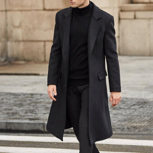 Men's Trench Coat – Tailored Fit – Wool Blend – Long Model – Classic Lapels