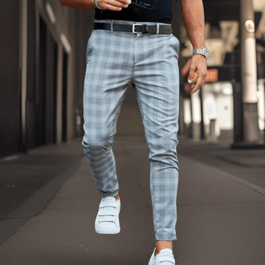 Men's Trousers Chinos – Slim Fit – Cotton Blend – Check Pattern – Full Length – Smart Casual