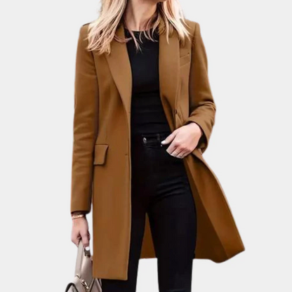 Women's Trench Coat – Tailored Fit – Mid-Thigh Length – Minimalist Design – Flap Pockets