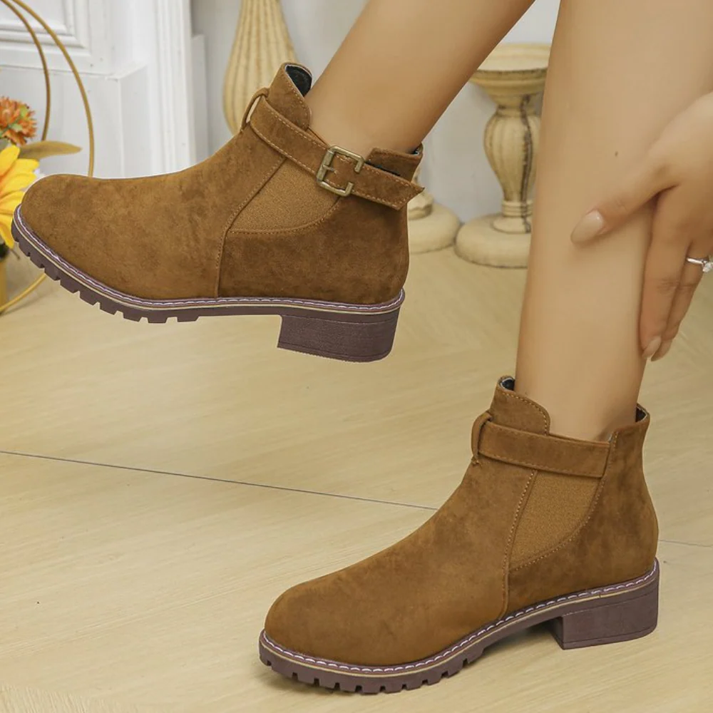 Women's Ankle Boots – Suede Look – Buckle – Elastic Panel – Non-Slip Sole