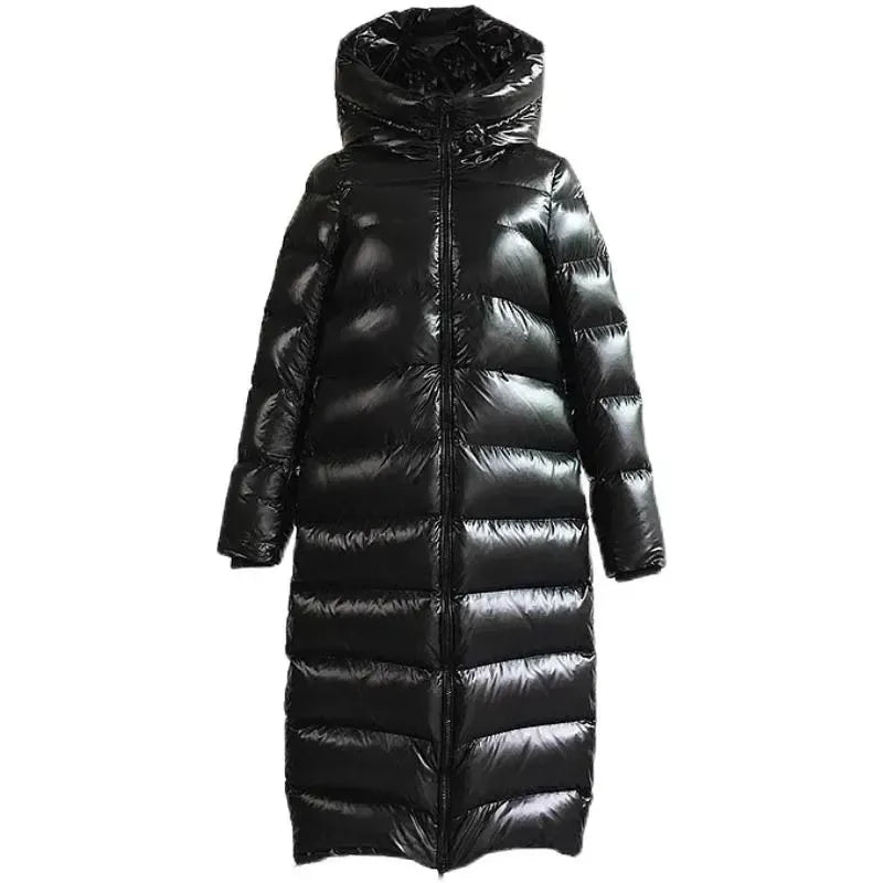 Women's Long Down Jacket – Relaxed Fit – Hood – Water-Repellent Glossy Finish