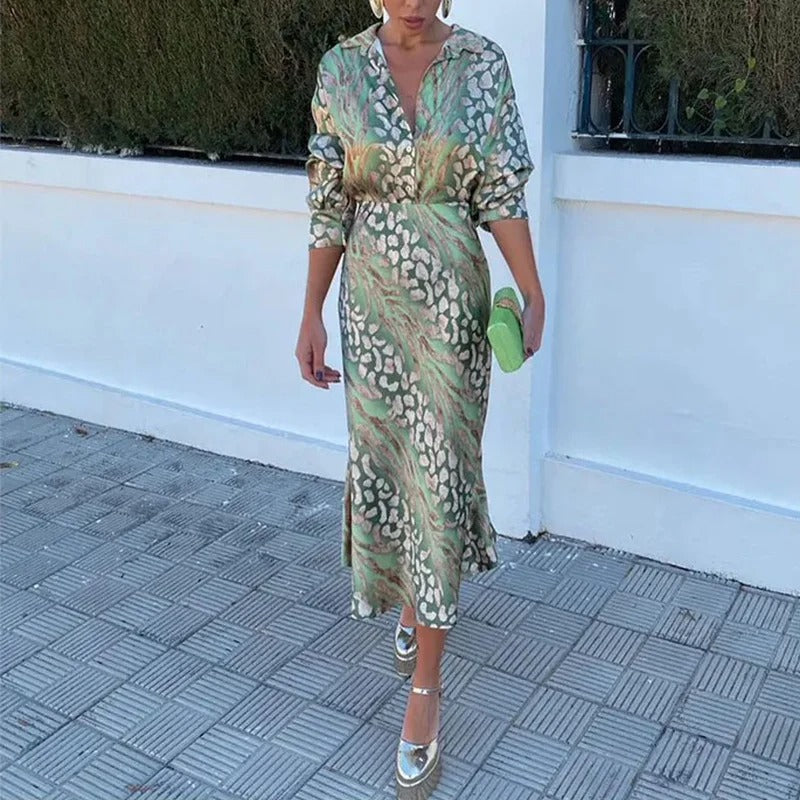 Women's Two-Piece Set – V-Neck Blouse with Long Sleeves – Midi Skirt with Slit – Luxurious Fabric