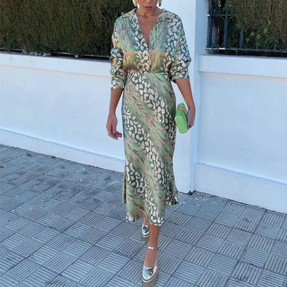 Women's Two-Piece Set – V-Neck Blouse with Long Sleeves – Midi Skirt with Slit – Luxurious Fabric