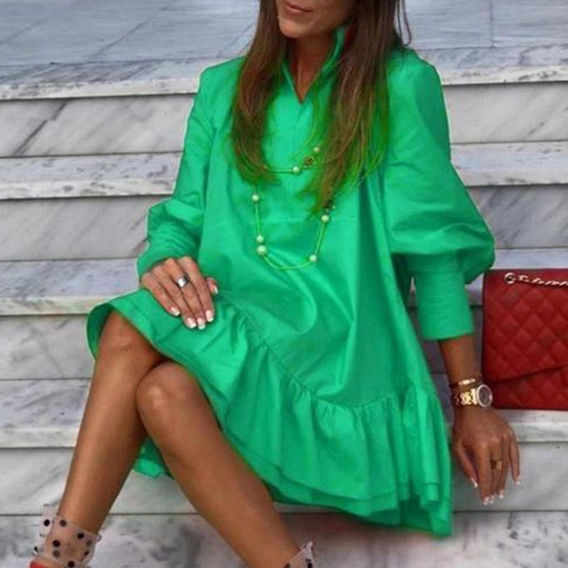 Dress for Women – Mini Length – Relaxed Fit – Long Puffy Sleeves – Ruffle Hem
