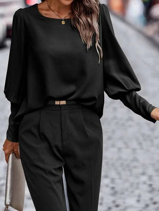 Women's Blouse – Silky Finish – Relaxed Fit – Puff Sleeves – Knee-Length with Buttons