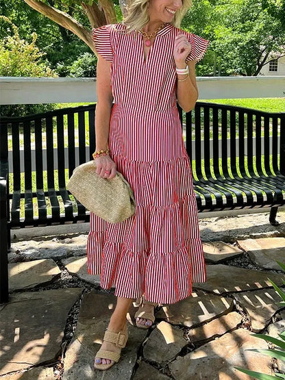 Dress for women – midi – cotton – V-neck – ruffle sleeves – striped – tiered skirt