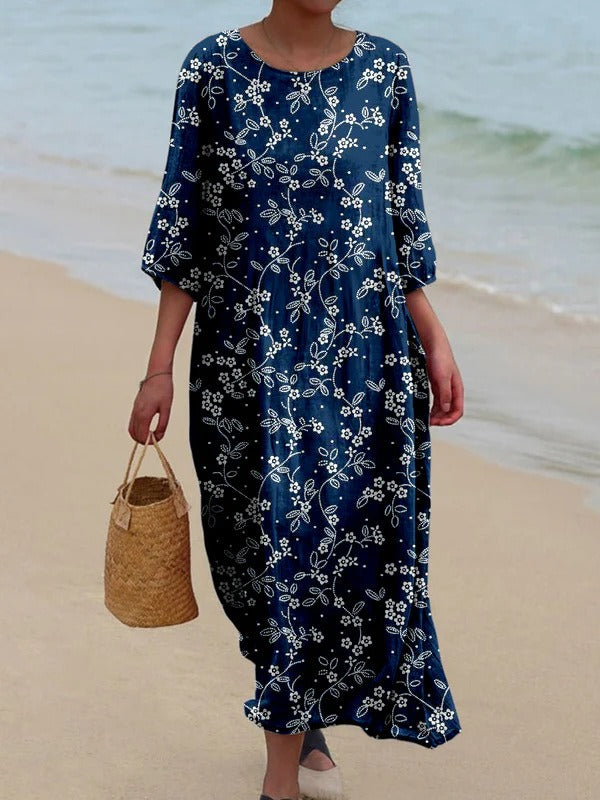 Dress woman – Midi length – Loose fit – Retro floral pattern – Breathable cotton