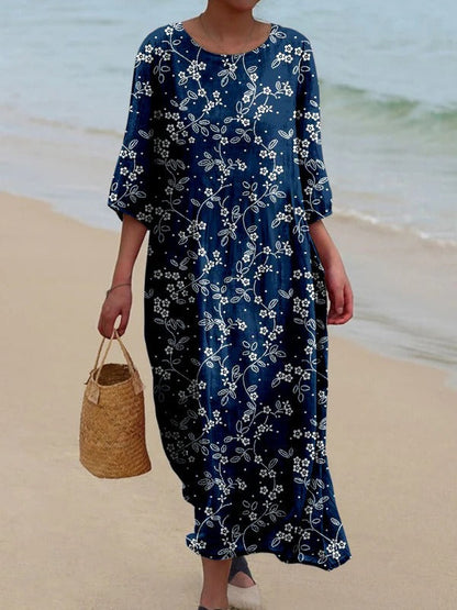 Dress woman – Midi length – Loose fit – Retro floral pattern – Breathable cotton