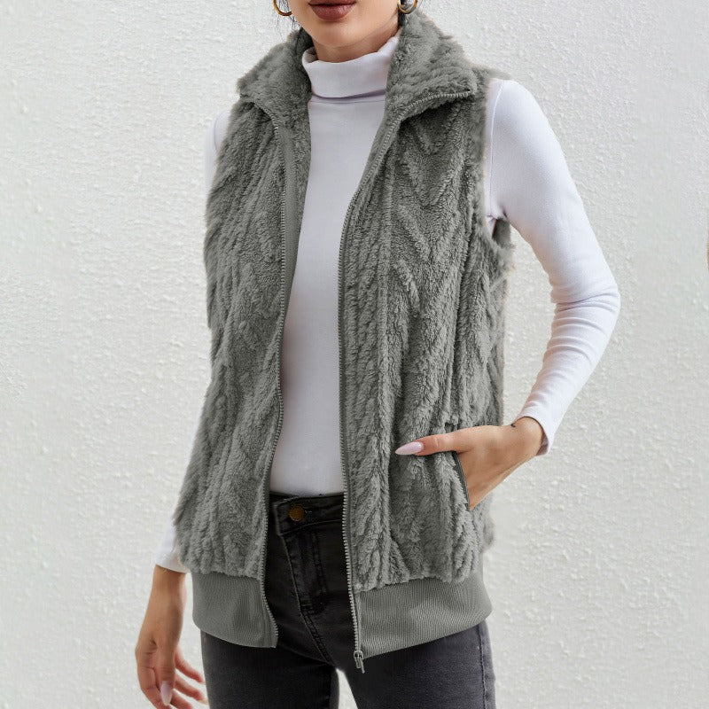 Women's Vest without Sleeves – Jacquard Fleece – Zipper – High Collar – Relaxed Fit