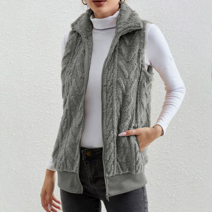 Women's Vest without Sleeves – Jacquard Fleece – Zipper – High Collar – Relaxed Fit