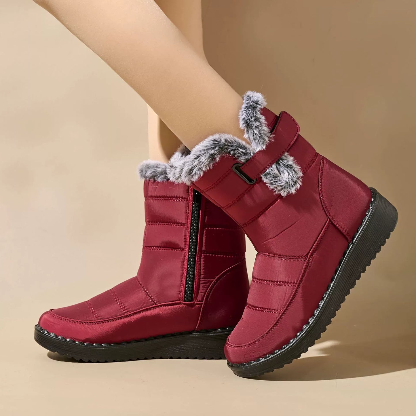 Women's Mid-Calf Boots – Quilted Waterproof – Faux Fur Lined – Zipper – Flat Sole