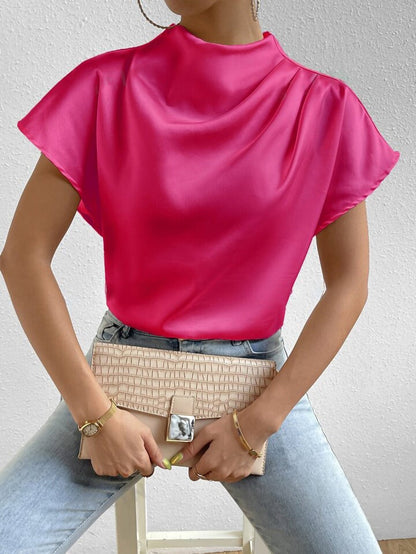Women's Blouse – Silky Fabric – Elegant Fit – Half-High Collar – Short Flared Sleeves