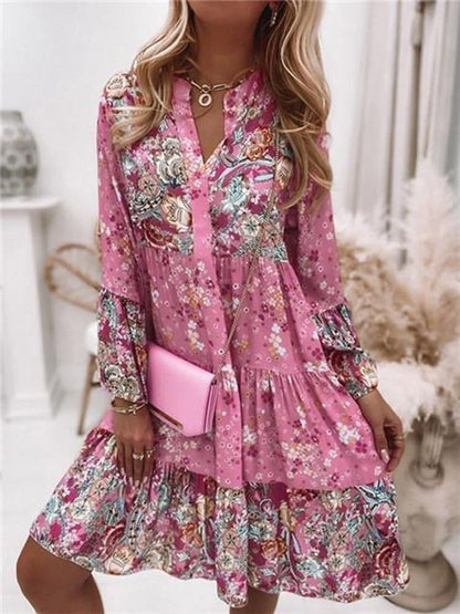 Dress for Women – Mini Dress – Relaxed Fit – Long Sleeves – Floral Patchwork Pattern – V-Neck