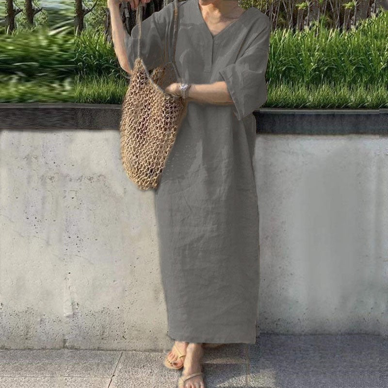 Dress woman – maxi dress in cotton linen – relaxed fit – v-neck – short sleeve