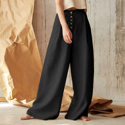 Women's Trousers with Wide Legs – High Waist – Button Closure – Linen and Cotton Blend – Relaxed Fit
