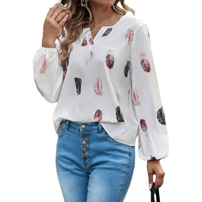 Women's Long-Sleeve T-Shirt – V-Neck – Relaxed Fit – Soft Feather Print Design