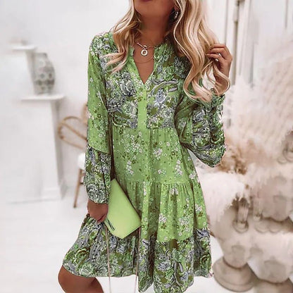 Dress for Women – Mini Dress – Relaxed Fit – Long Sleeves – Floral Patchwork Pattern – V-Neck