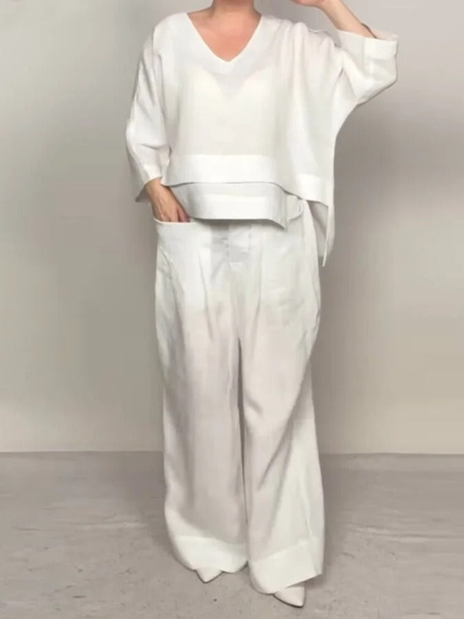 Women's Set – Oversized V-neck Top – Wide High-waisted Pants – Light Linen and Cotton