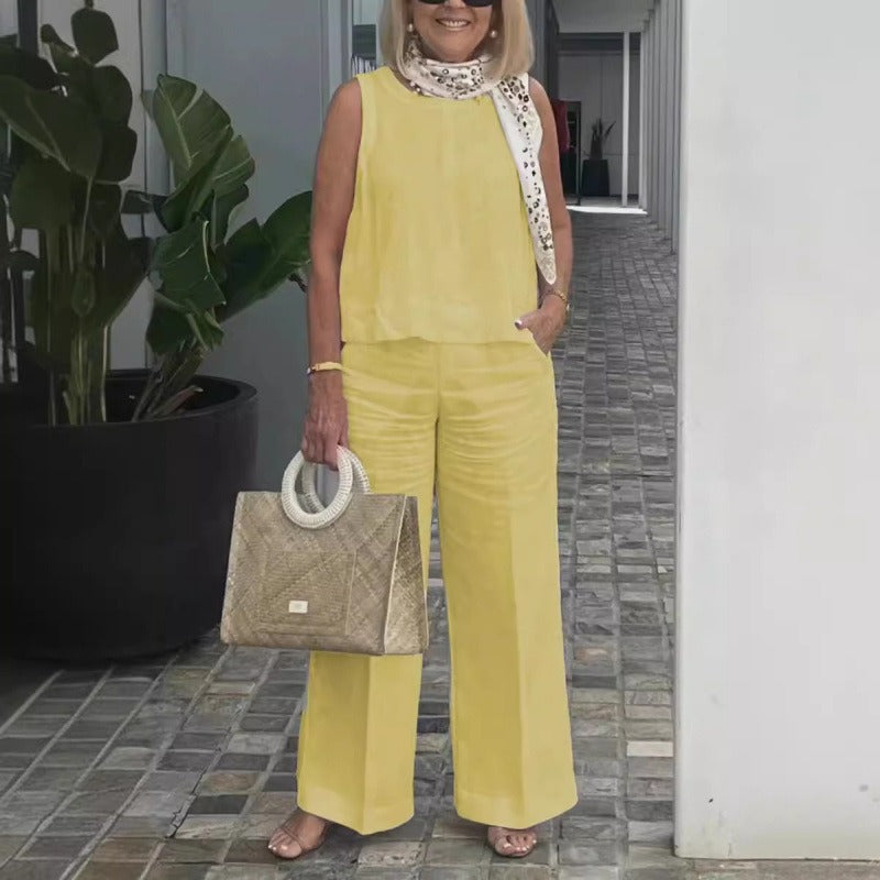 Women's Set – Sleeveless Top and Wide Pants – Linen Cotton – Relaxed Fit