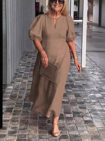 Dress women midi – relaxed fit – cotton – round neck – puff sleeves casual style