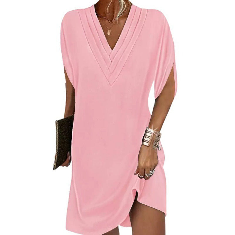 Dress woman – Mini dress with V-neck – Light pleats – Batwing sleeves – Loose fit