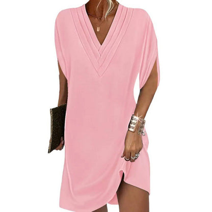 Dress woman – Mini dress with V-neck – Light pleats – Batwing sleeves – Loose fit