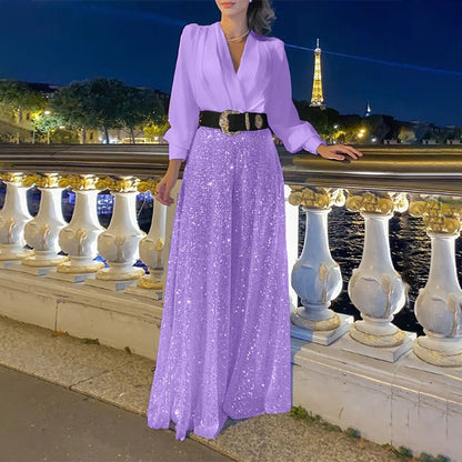 Dress woman – V-neck – Long sleeves – Fitted fit – Glittering maxi length