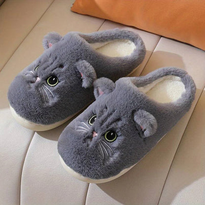 Women's Slippers – Ankle-High Fit – Soft Fleece – Embroidered Cat Face – Indoor Comfort