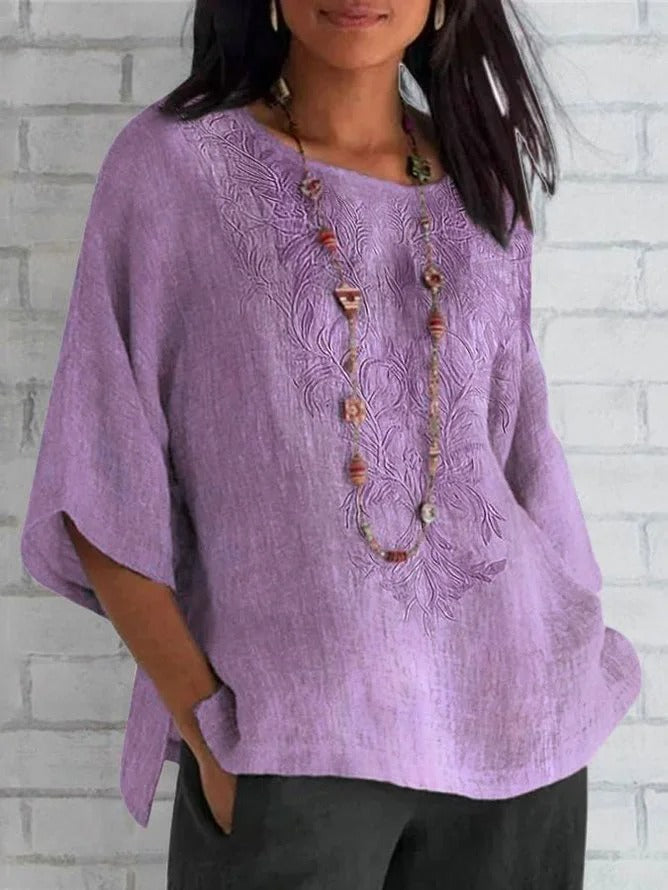 Blouse woman – Relaxed fit – Natural fibers – Embroidered front – Short sleeves