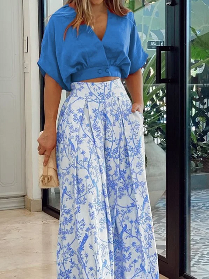Women's Set – Relaxed Top with Dolman Sleeves – High-Waisted Wide Pants – Breathable Fabric