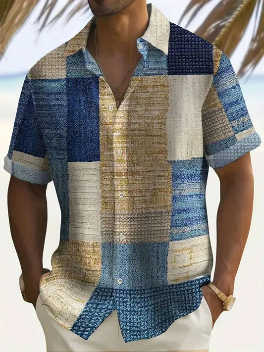 Men's Shirt with Short Sleeves – Relaxed Fit – Linen and Cotton – Patchwork Design