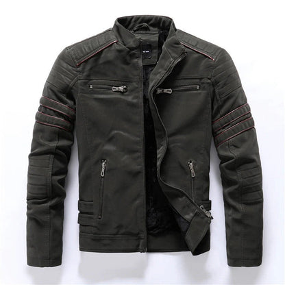 Men's Biker Jacket – Slim Fit – Quilted Shoulders – Zipper Closure – Stand Collar