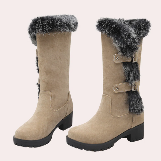 Women's Boots – Knee-Length – Suede Look – Faux Fur Trim – Buckle – Chunky Sole