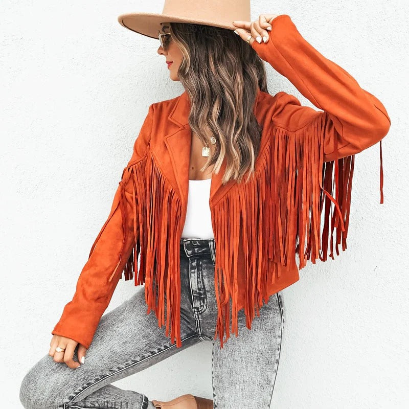 Women's Leather Jacket – Fringe Sleeves – Tailored Fit – Hip-Length Design