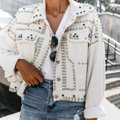 Women's Jacket – Cropped Denim Look – Relaxed Fit – Stud Details – Layered Use
