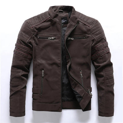 Men's Biker Jacket – Slim Fit – Quilted Shoulders – Zipper Closure – Stand Collar