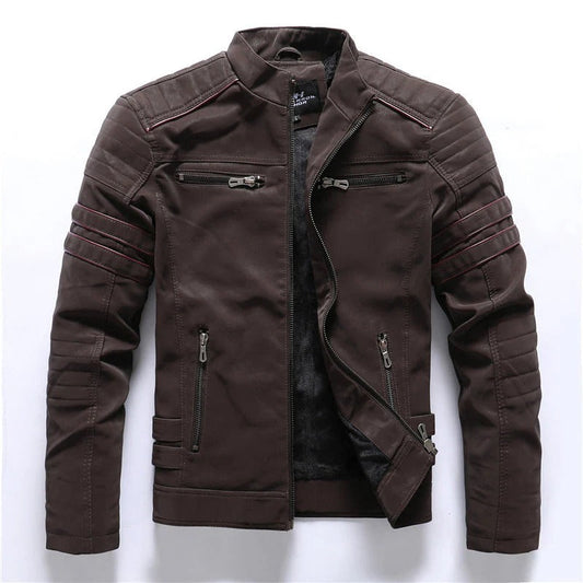Men's Biker Jacket – Slim Fit – Quilted Shoulders – Zipper Closure – Stand Collar