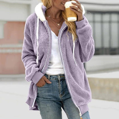 Women's Hoodie – Teddy Fleece – Oversized Fit – Zipper – Ribbed Cuffs