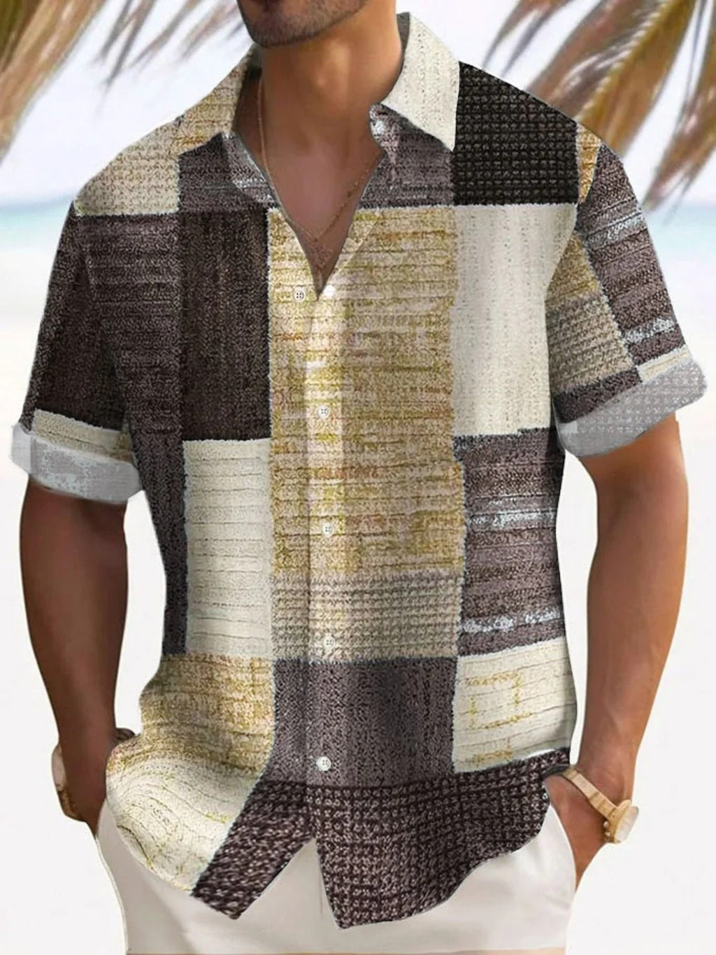 Men's Shirt with Short Sleeves – Relaxed Fit – Linen and Cotton – Patchwork Design