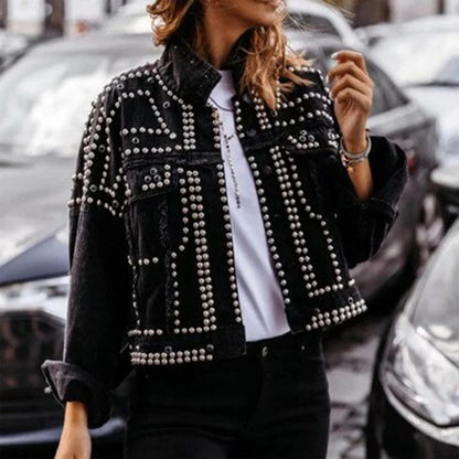 Women's Jacket – Cropped Denim Look – Relaxed Fit – Stud Details – Layered Use