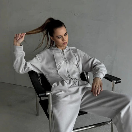Women's Loungewear Set – Zip-Up Hoodie – Wide Pants – Soft Cotton Blend